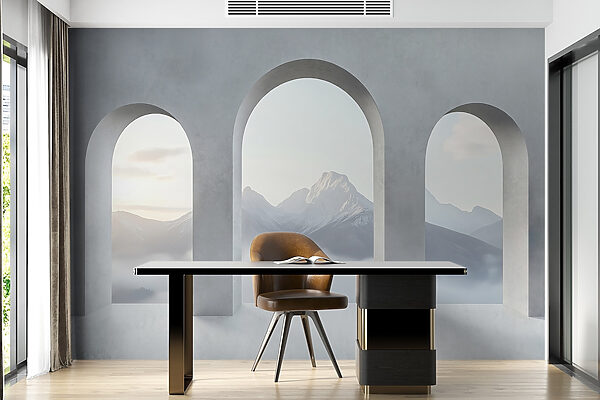 Quarto branco com janelas em arco e montanhas ao fundo Quarto branco com janelas em arco e montanhas ao fundo