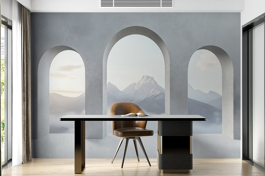 Papel de parede Quarto branco com janelas em arco e montanhas ao fundo - Image 4