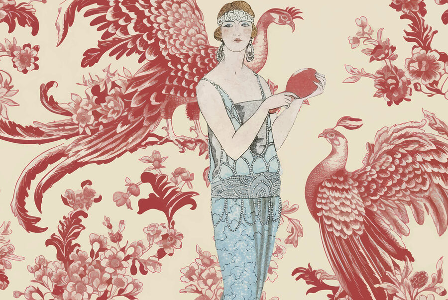Papel de parede Mulher de vestido azul segurando um objeto vermelho - Image 3
