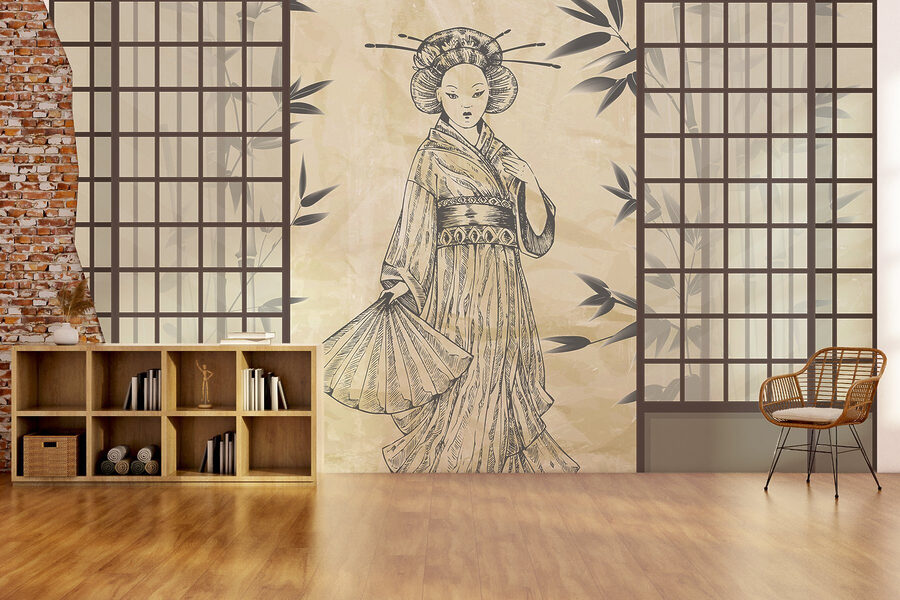 Desenho de uma mulher com um quimono