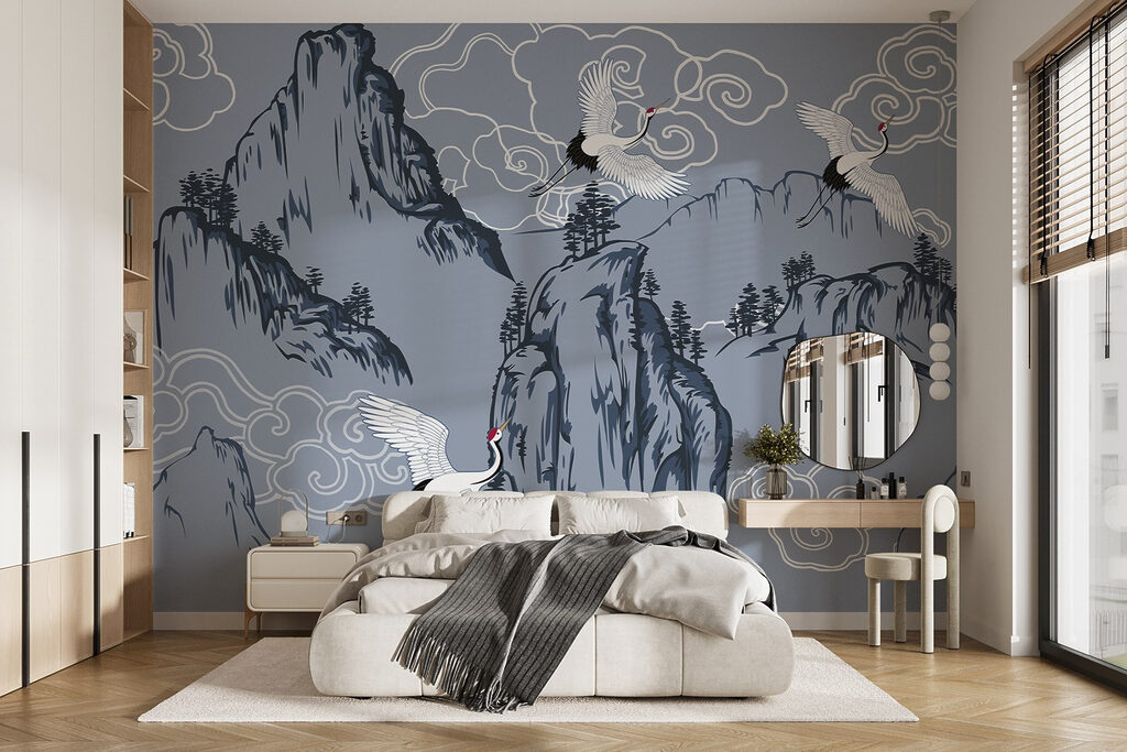 Wallpaper with birds flying over mountains