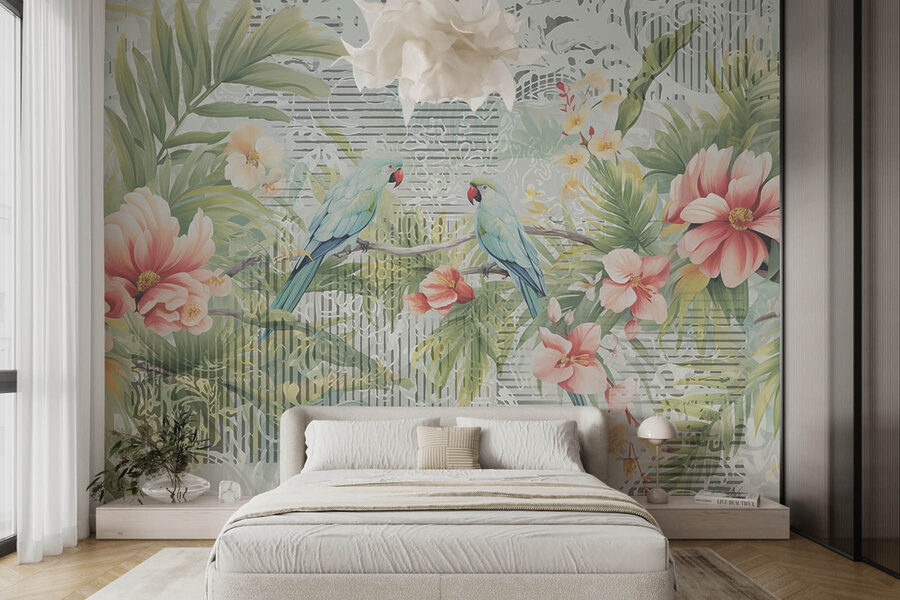 Pássaro num ramo com flores Pássaro num ramo com flores
