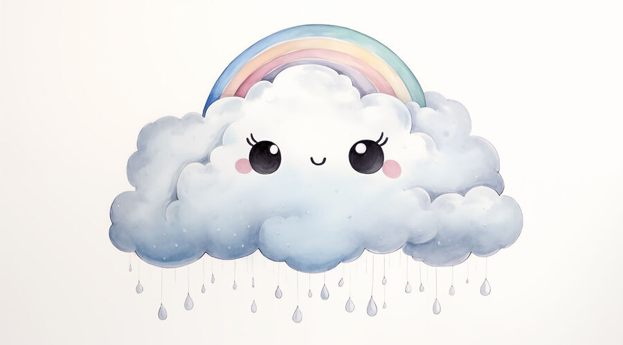 Desenho animado de uma nuvem com um arco-íris e gotas de chuva