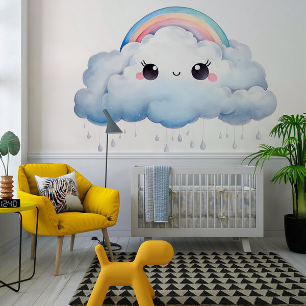 Desenho animado de uma nuvem com um arco-íris e gotas de chuva Desenho animado de uma nuvem com um arco-íris e gotas de chuva