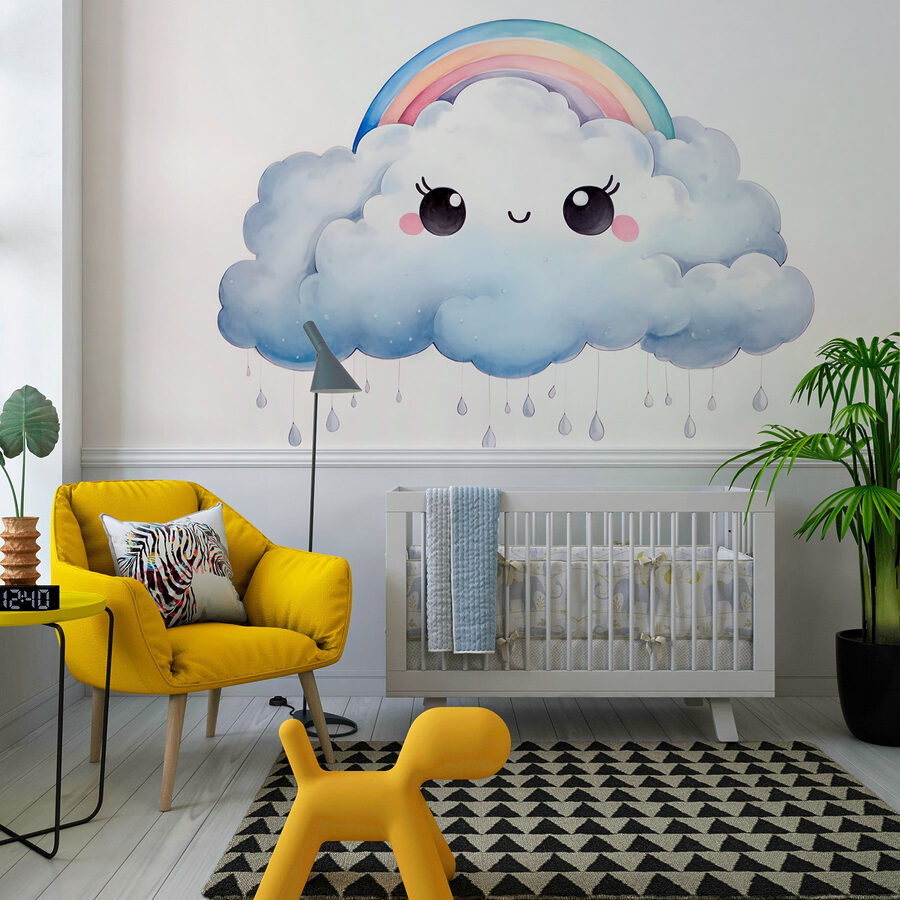 Desenho animado de uma nuvem com um arco-íris e gotas de chuva