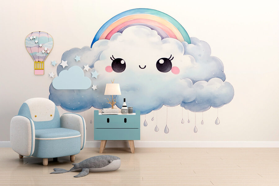Desenho animado de uma nuvem com um arco-íris e gotas de chuva