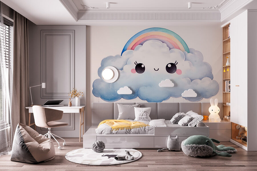 Desenho animado de uma nuvem com um arco-íris e gotas de chuva