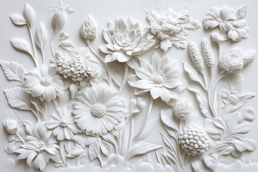 Escultura de flor branca numa superfície branca
