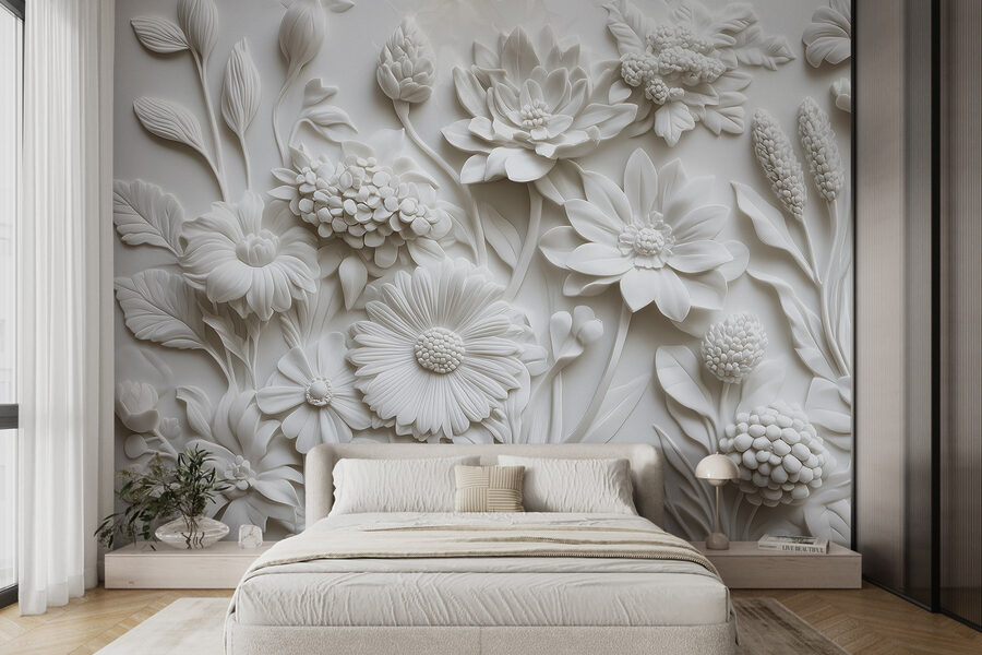Escultura de flor branca numa superfície branca