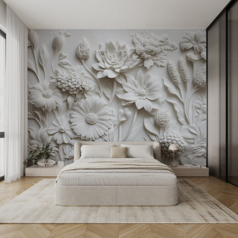 Escultura de flor branca numa superfície branca