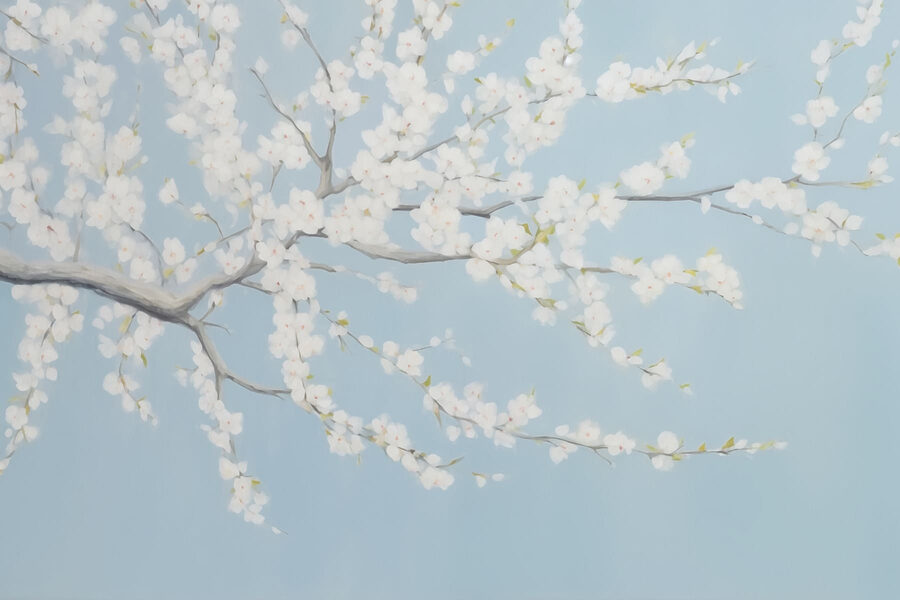 Pintura de uma árvore com flores brancas