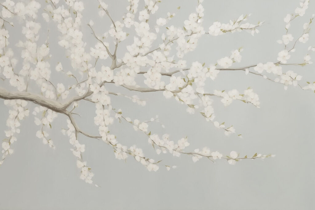 Pintura de uma árvore com flores brancas Pintura de uma árvore com flores brancas
