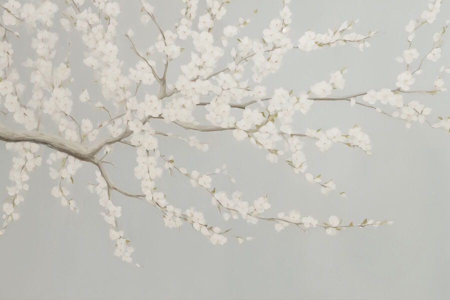 Pintura de uma árvore com flores brancas