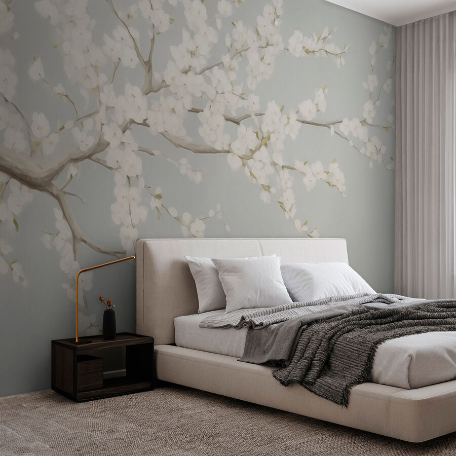 Pintura de uma árvore com flores brancas