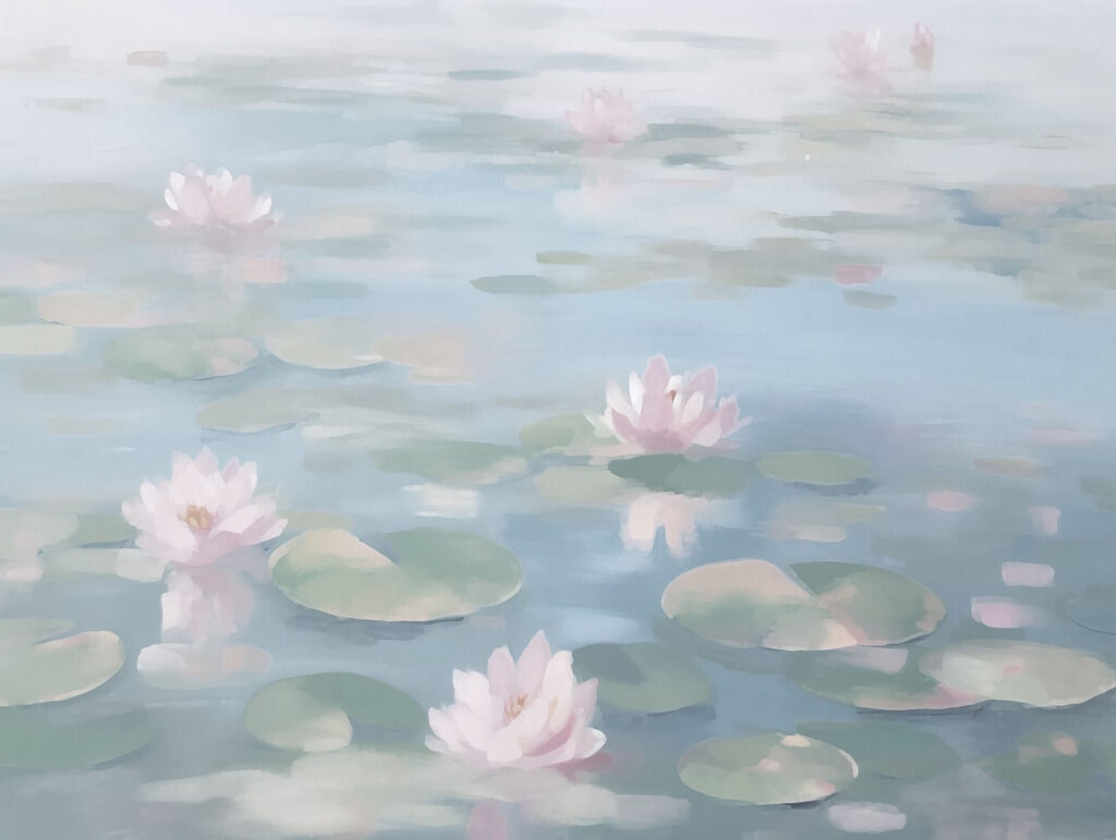 Água com nenúfares e flores cor-de-rosa Água com nenúfares e flores cor-de-rosa