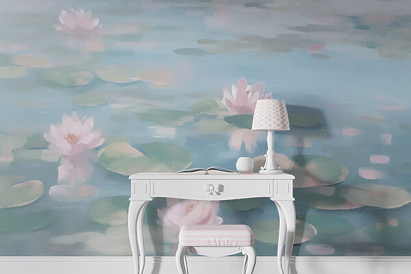 Água com nenúfares e flores cor-de-rosa Água com nenúfares e flores cor-de-rosa