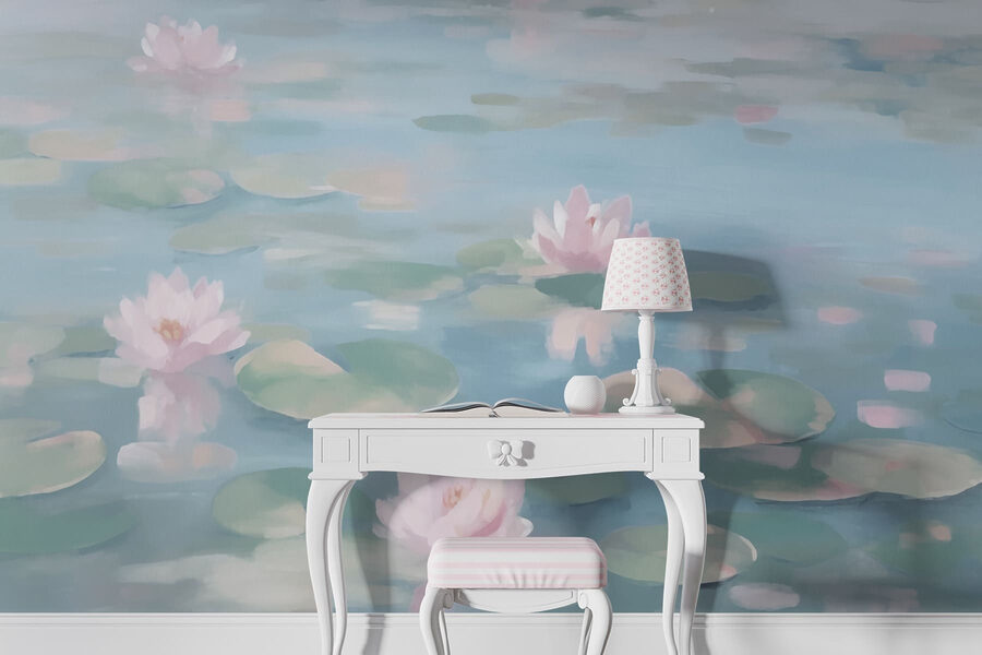 Água com nenúfares e flores cor-de-rosa