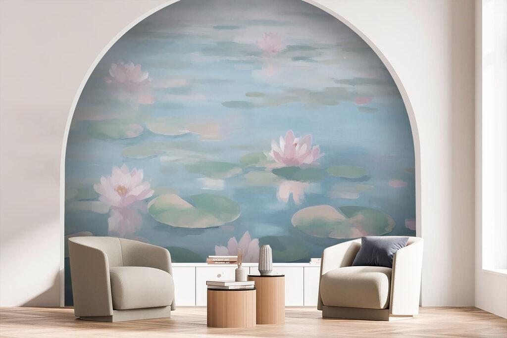 Water with lily pads and pink flowers