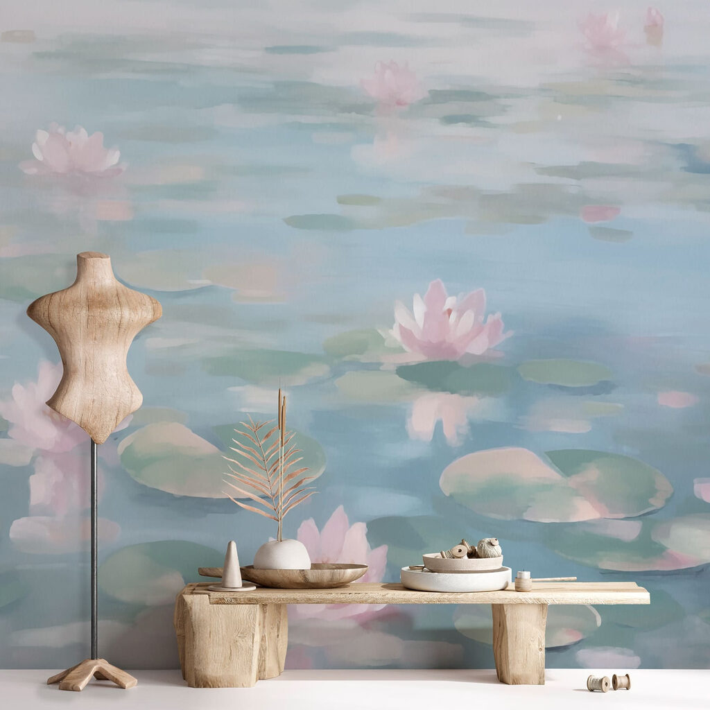 Water with lily pads and pink flowers