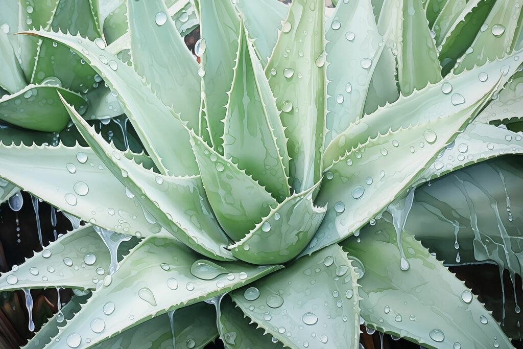 Aloé vibrante com gotas de chuva refrescantes Aloé vibrante com gotas de chuva refrescantes