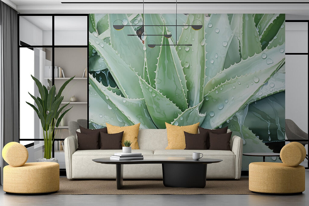 Vibrant aloe with refreshing raindrops