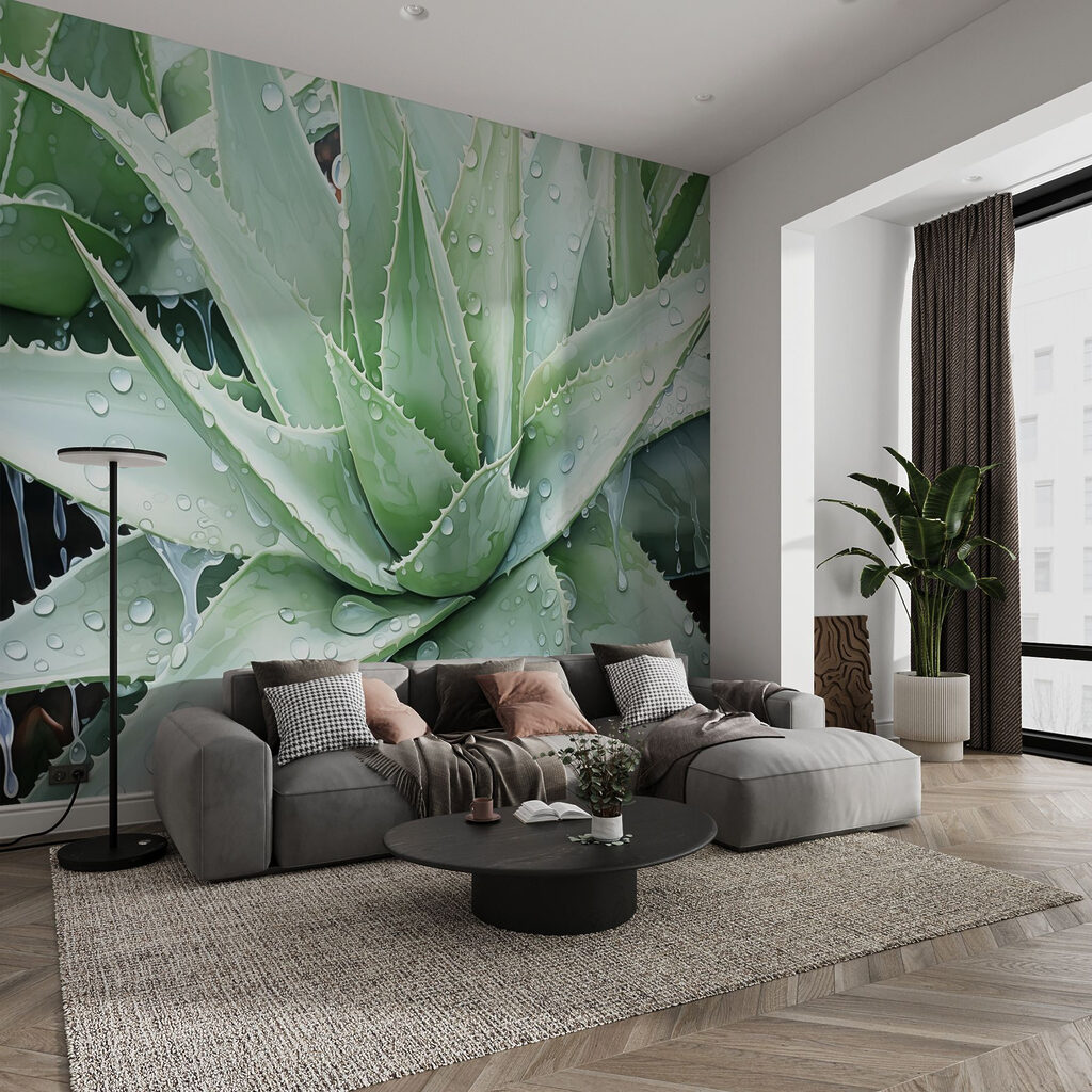 Vibrant aloe with refreshing raindrops