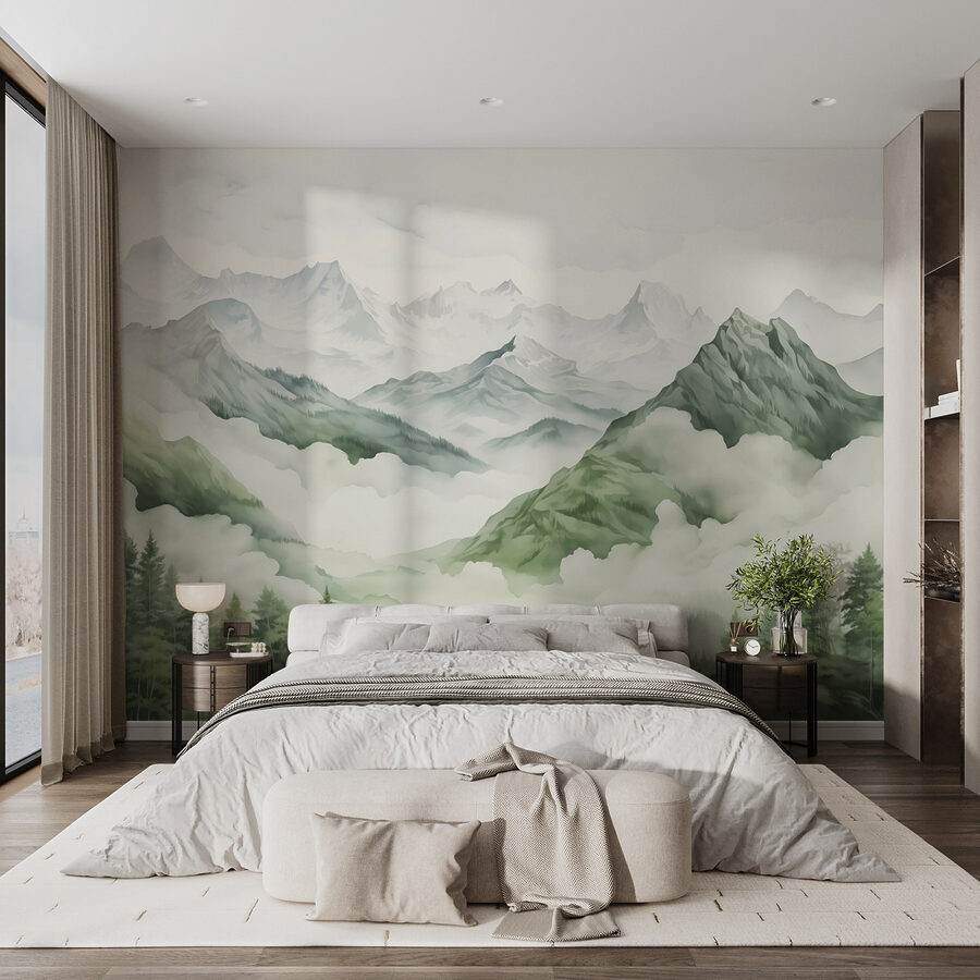Pintura de montanhas e árvores