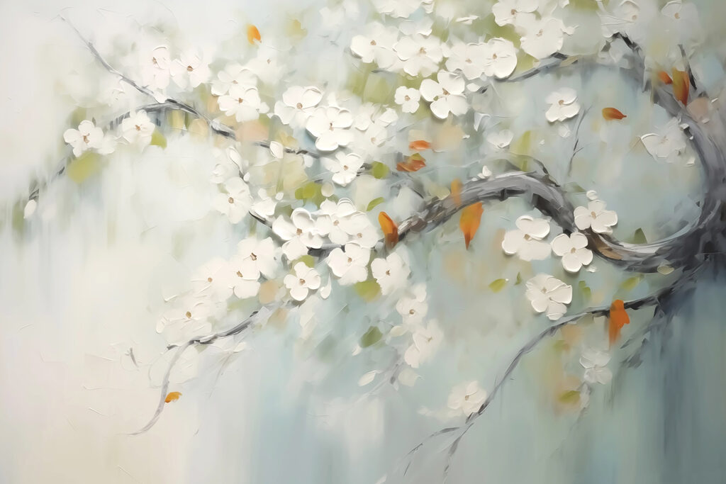 Pintura de um ramo de árvore com flores brancas Pintura de um ramo de árvore com flores brancas