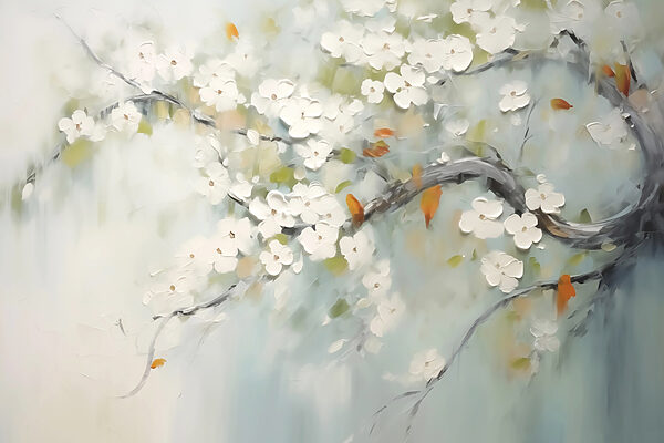 Pintura de um ramo de árvore com flores brancas Pintura de um ramo de árvore com flores brancas