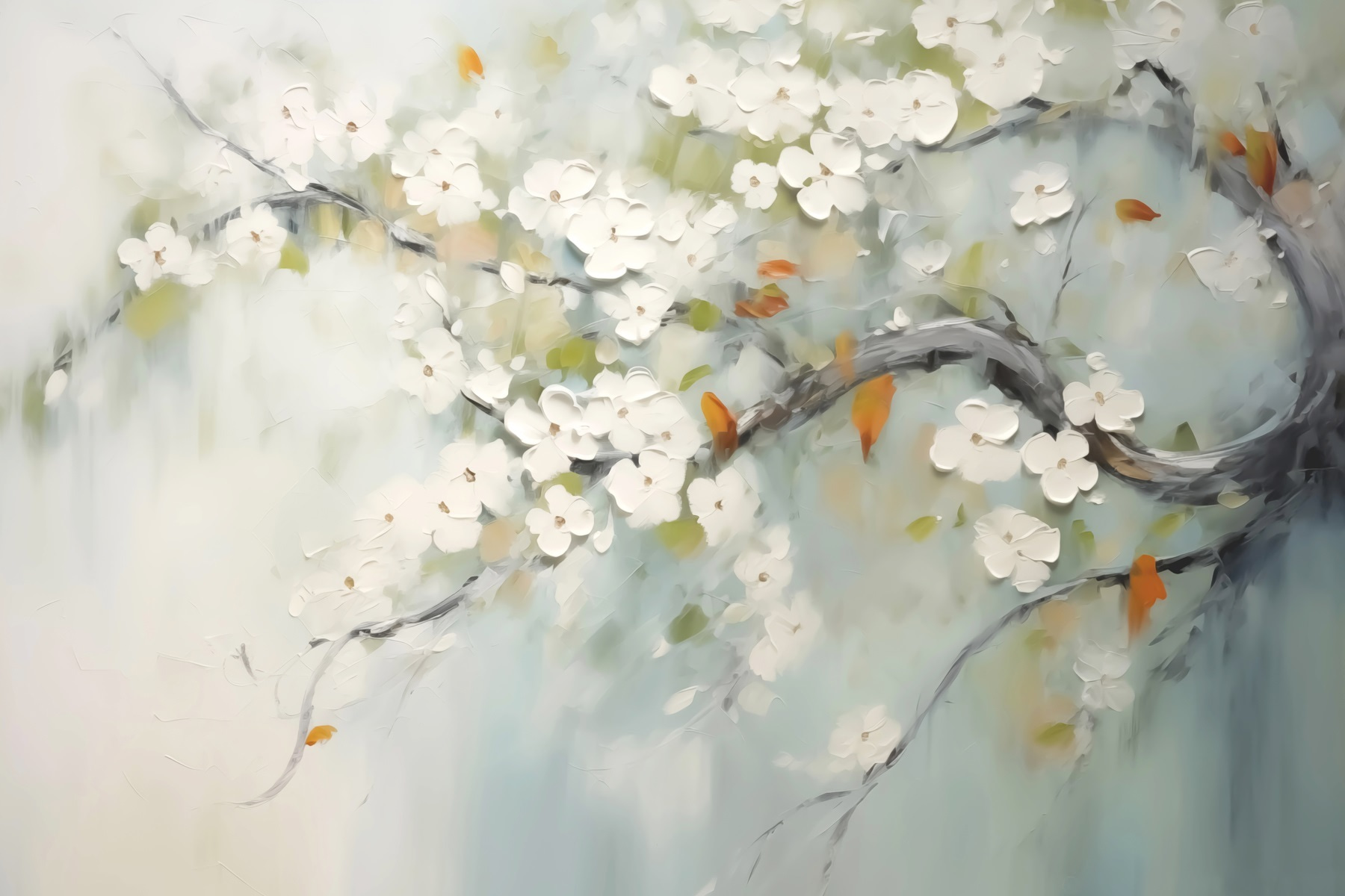 Painting of a tree branch with white flowers Painting of a tree branch with white flowers