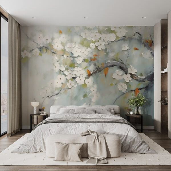 Pintura de um ramo de árvore com flores brancas Pintura de um ramo de árvore com flores brancas