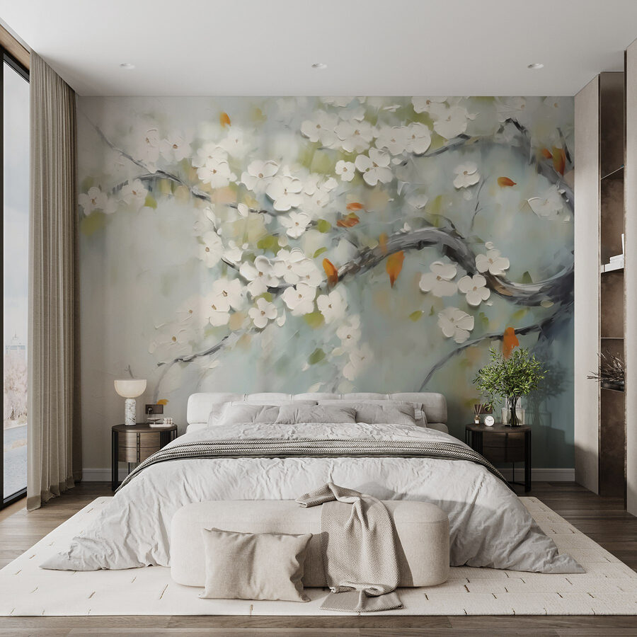Pintura de um ramo de árvore com flores brancas Pintura de um ramo de árvore com flores brancas