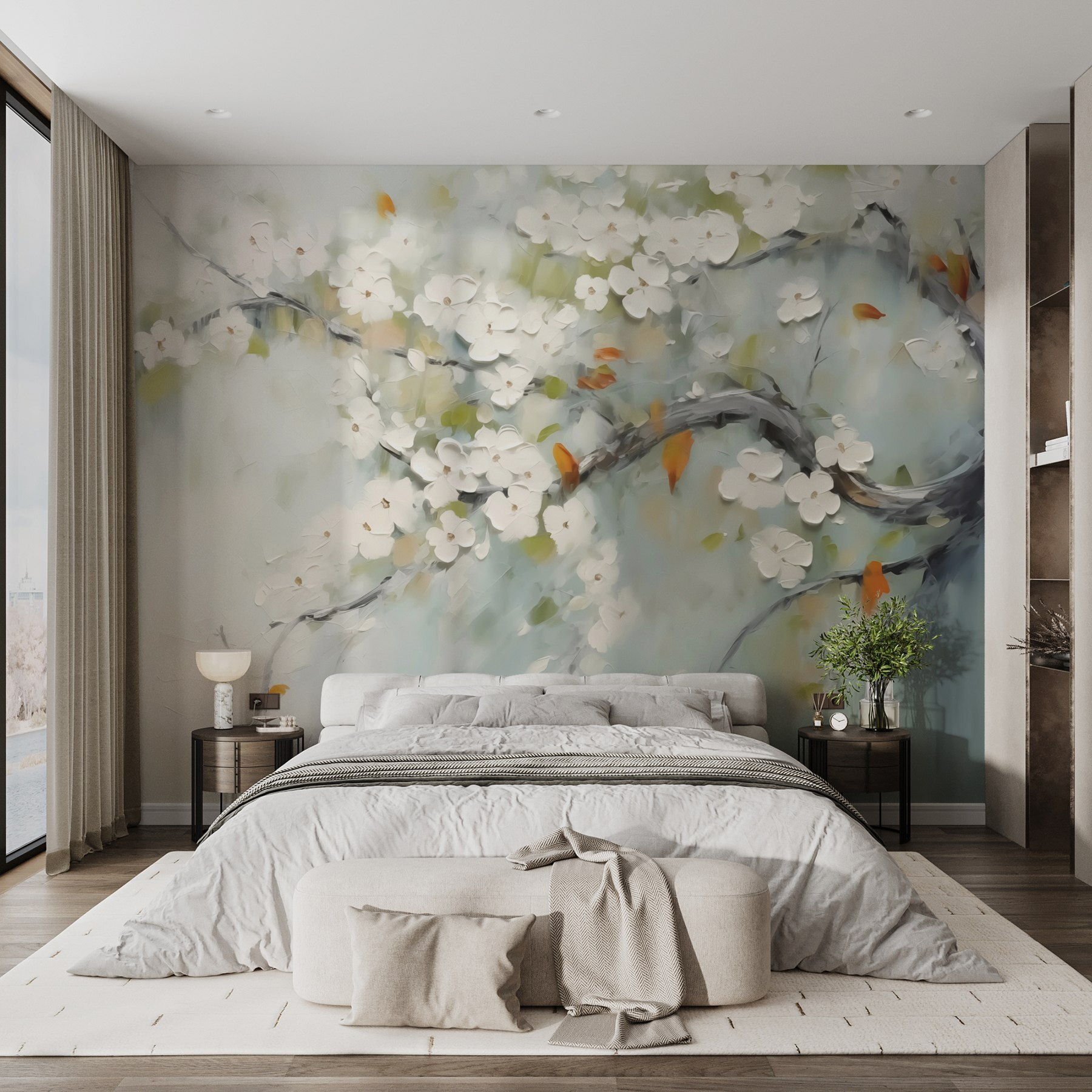 Painting of a tree branch with white flowers Painting of a tree branch with white flowers