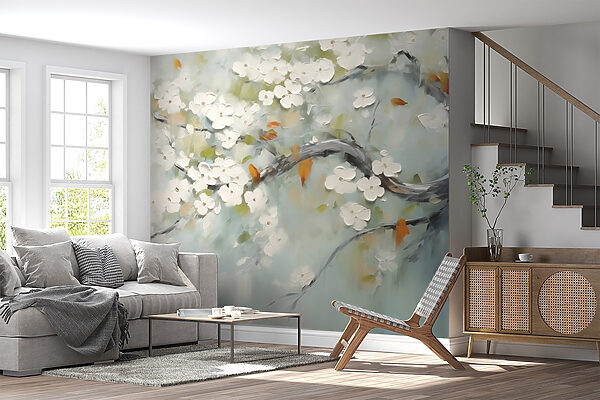 Pintura de um ramo de árvore com flores brancas Pintura de um ramo de árvore com flores brancas