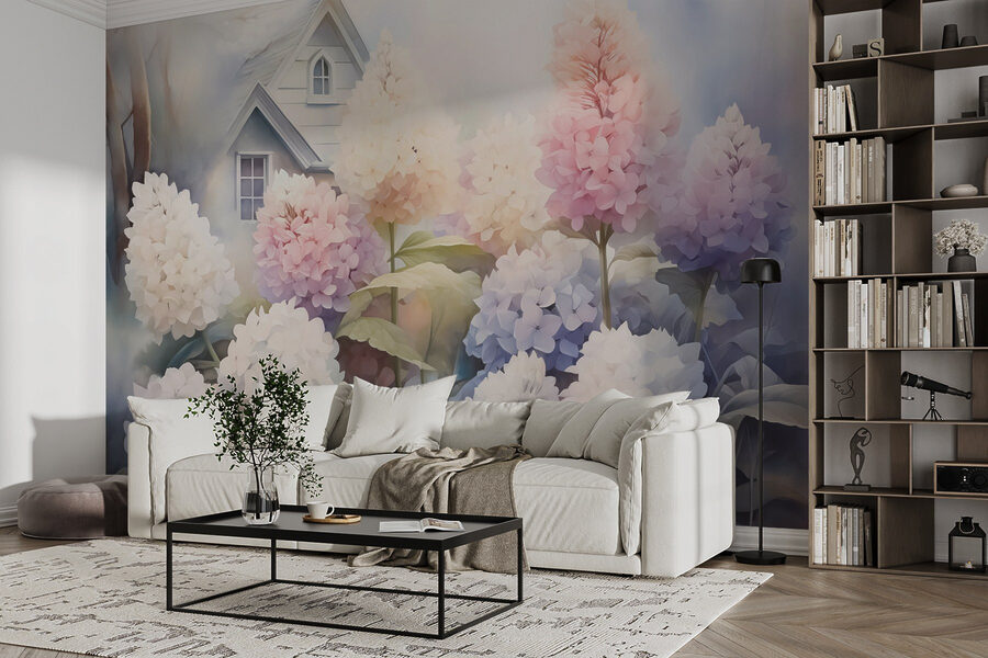 Pintura de flores em frente a uma casa