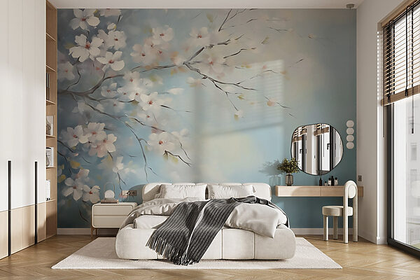 Pintura de um ramo de árvore com flores brancas Pintura de um ramo de árvore com flores brancas