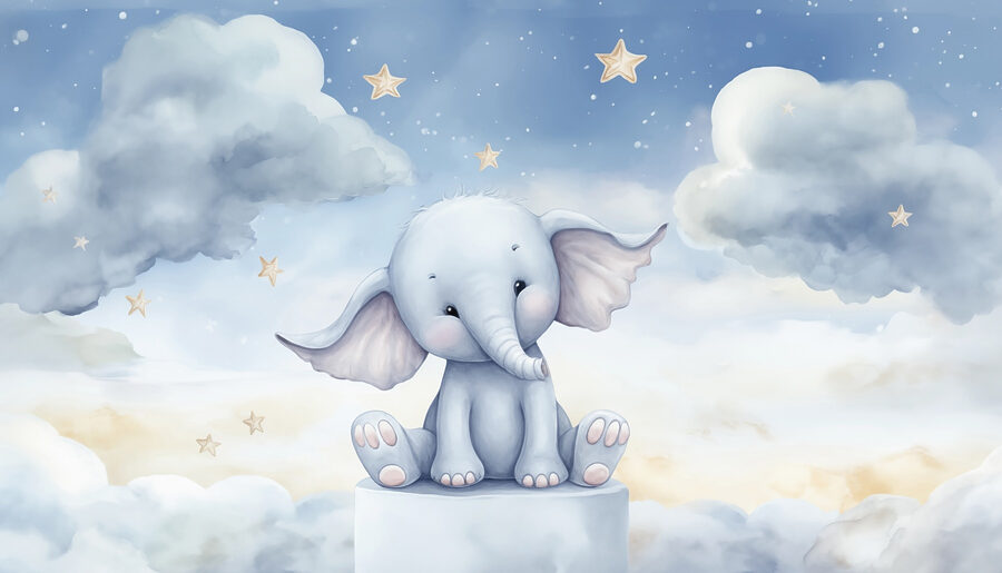 Desenho animado de um elefante sentado numa plataforma