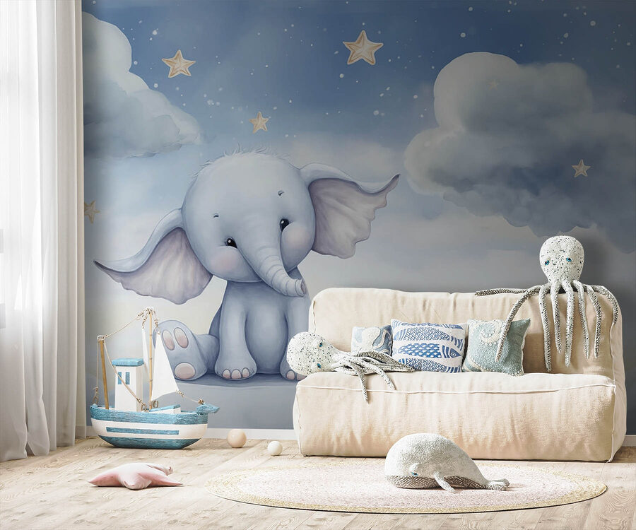 Desenho animado de um elefante sentado numa plataforma