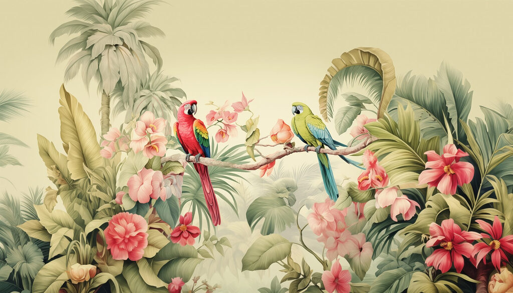 Um casal de papagaios num ramo com flores Um casal de papagaios num ramo com flores