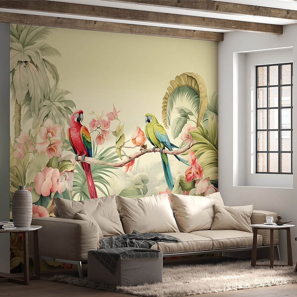 Um casal de papagaios num ramo com flores Um casal de papagaios num ramo com flores