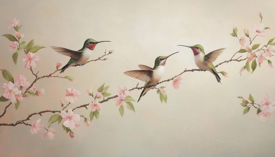 Pintura de beija-flores num ramo com flores