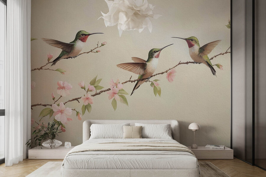 Pintura de beija-flores num ramo com flores