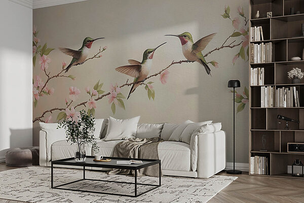 Pintura de beija-flores num ramo com flores Pintura de beija-flores num ramo com flores