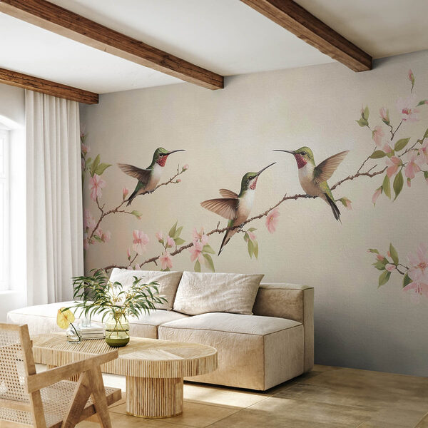 Pintura de beija-flores num ramo com flores Pintura de beija-flores num ramo com flores