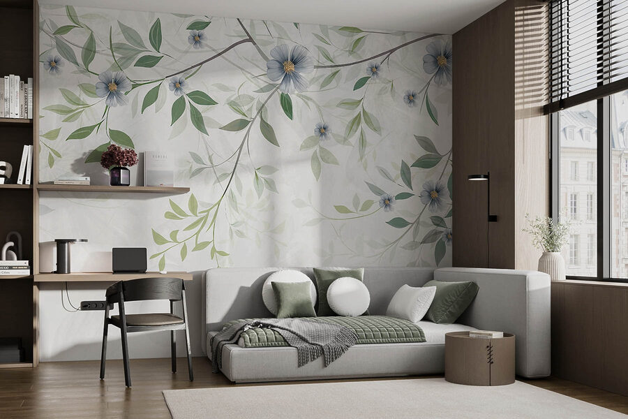 Papel de parede Pintura de flores e folhas