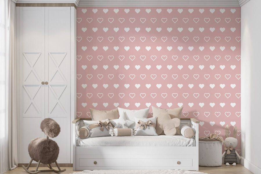 Papel de parede Padrão de corações brancos sobre um fundo cor-de-rosa
