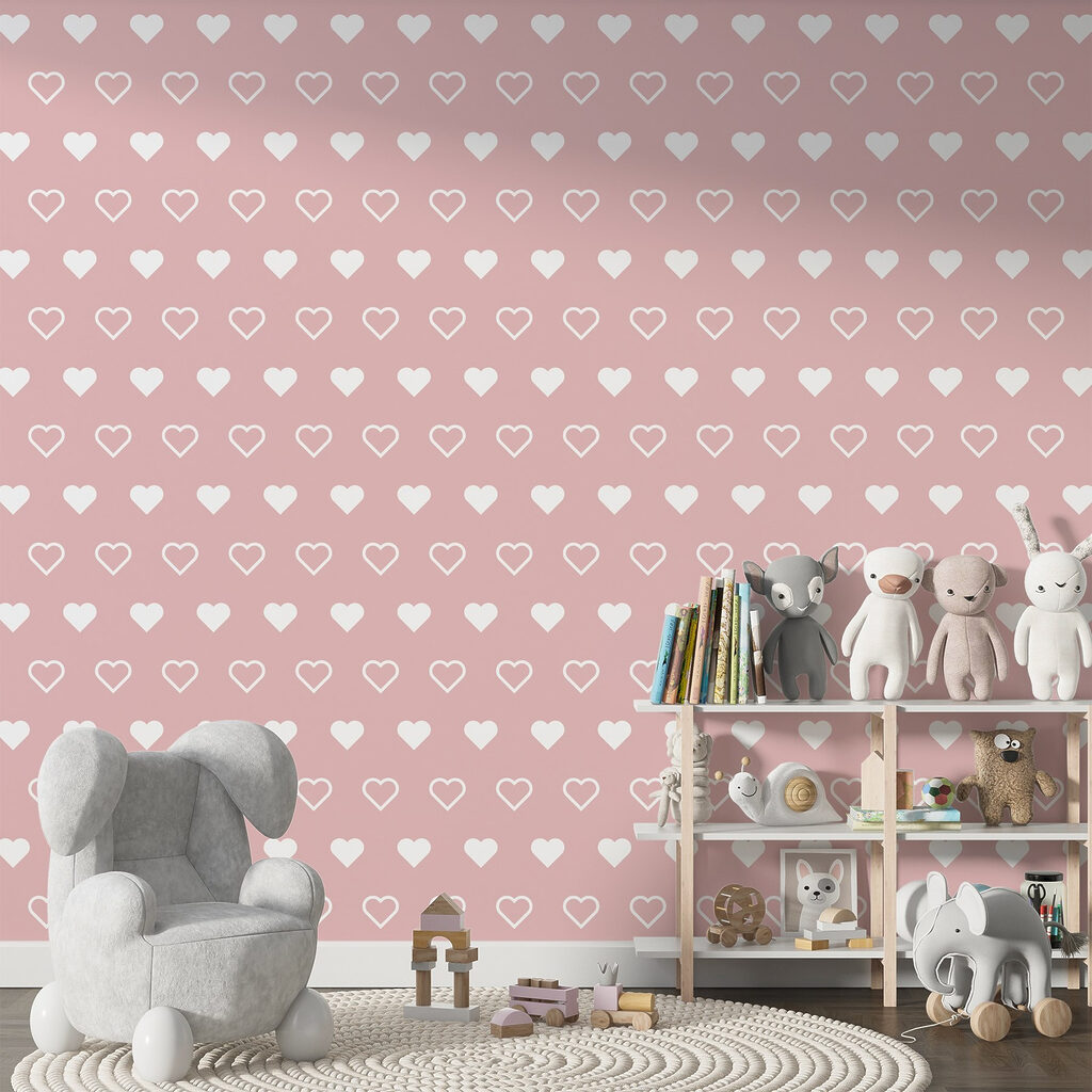 Pattern of white hearts on a pink background