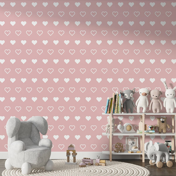 Pattern of white hearts on a pink background