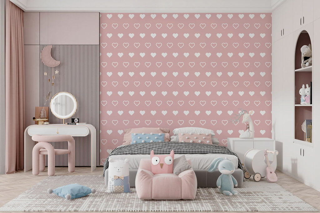 Pattern of white hearts on a pink background
