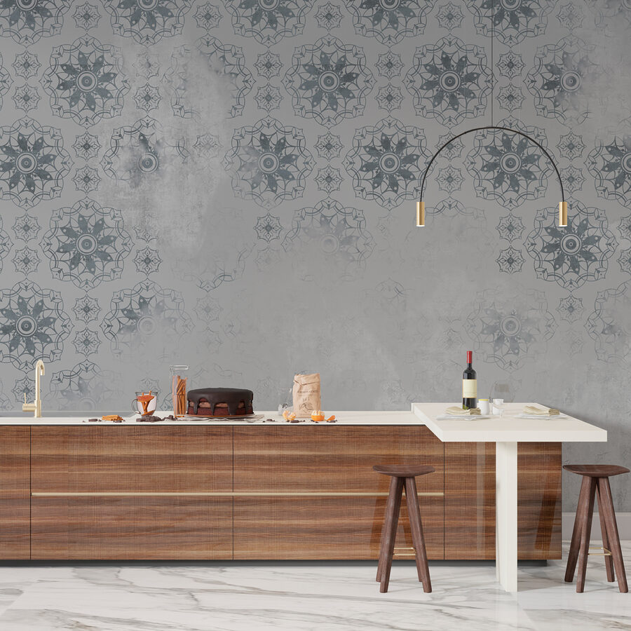 Papel de parede cinzento e branco com um padrão